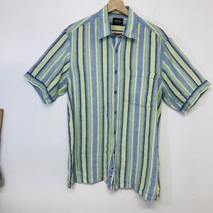Indigo Palms Linen Short Sleeve Shirt Men‎ Medium Striped Vacation Resortwear